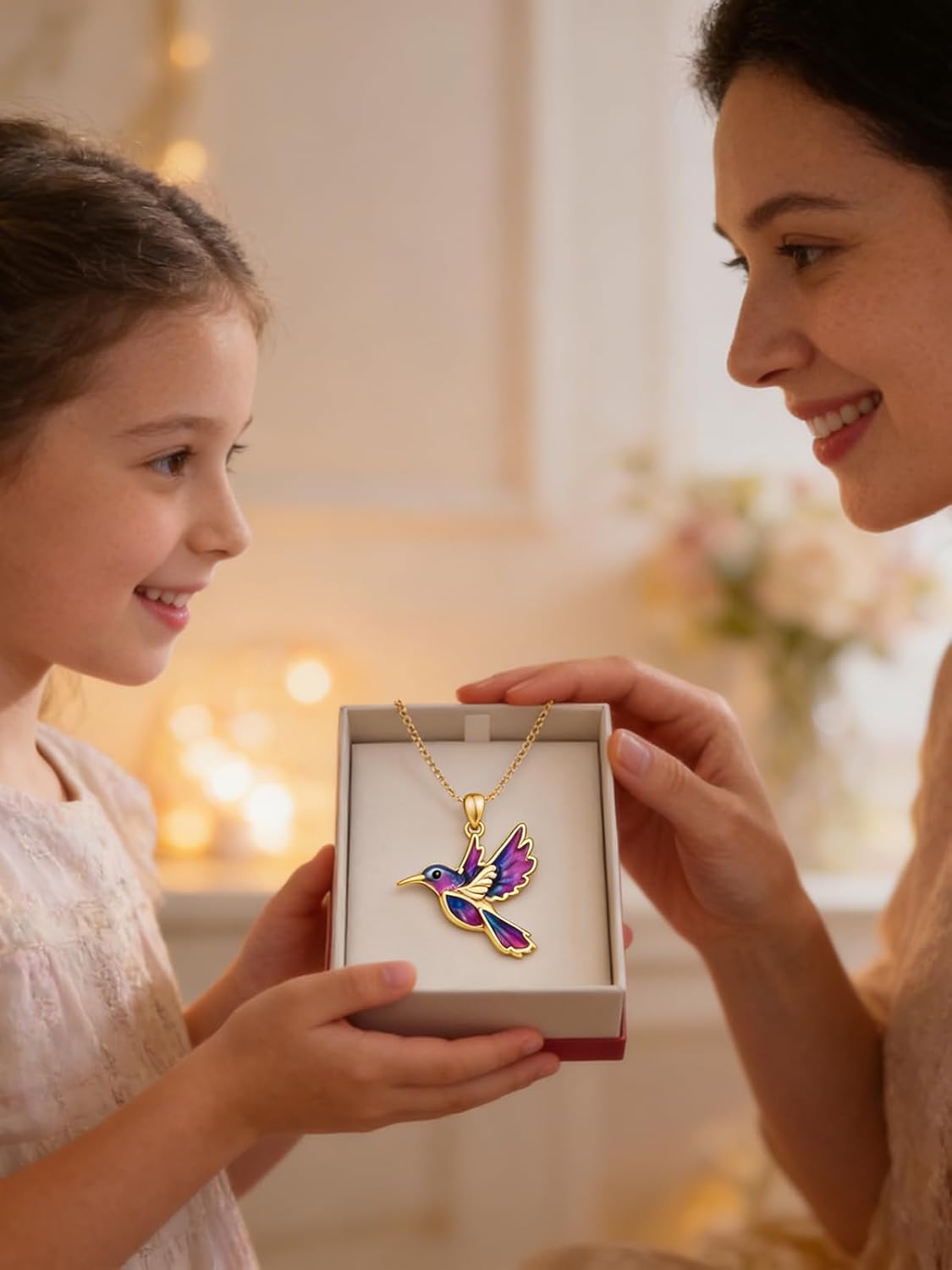 Hummingbird Pendant Necklace for Women, 14K Gold Plated Hummingbird Necklace, Teardrop Enamel Bird Necklace, Anniversary Birthday Jewelry Gifts for Nature Lovers