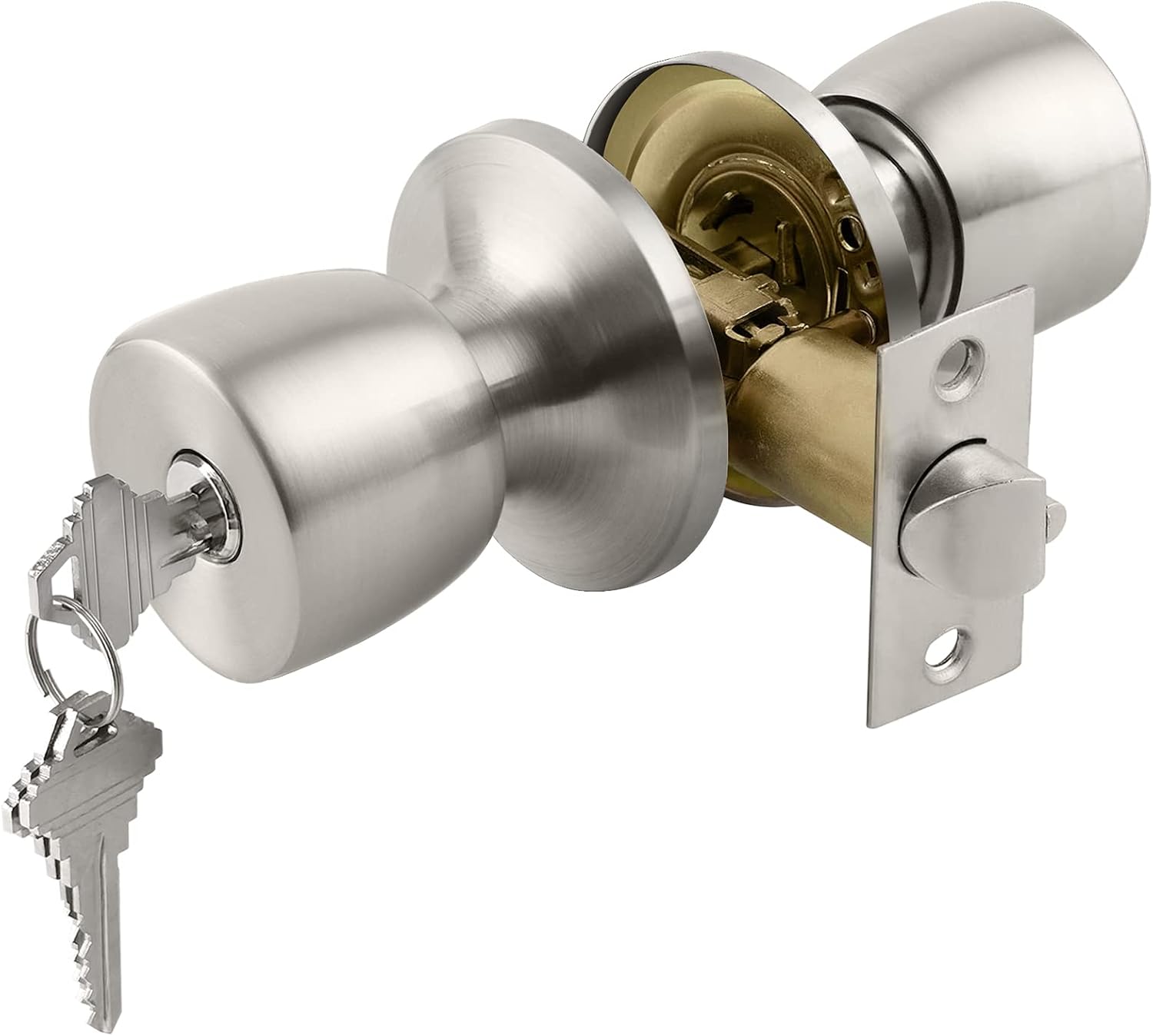 BESTTEN Keyed Entry Door Knob with Lock, Berlin Series Entrance Door Lock, Tulip Exterior and Interior Door Handle, Satin Nickel