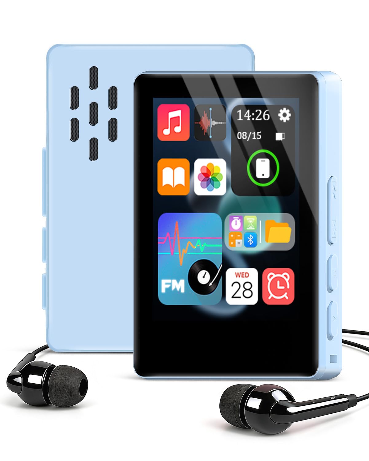 32gb bluetooth mp3 player with 2.4" touch screen, no internet needed, for kids & adults, great for commute, workout, school, fm radio, voice recorder, gift idea (blue)