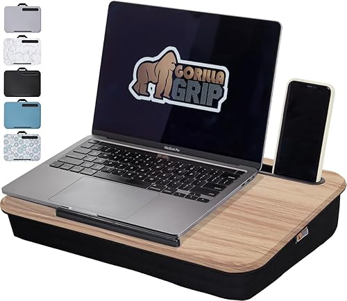 Gorilla Grip Escritorio de regazo con soporte para teléfono, tamaño perfecto para portátiles de hasta 15.6 pulgadas, superficie plana, reborde