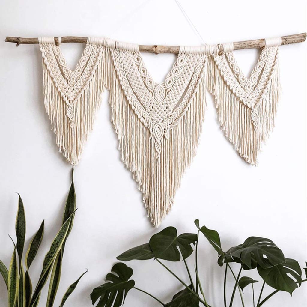 Tapiz grande hecho a mano de macramé para colgar en la pared, decoración elegante con ramas de madera natural y flecos, 120 x 120 cm