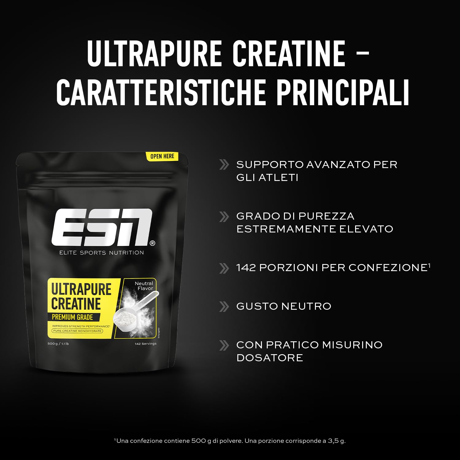 ESN Ultrapure Creatina Monoidrata in Polvere Pura al 100%, 500 g - 100% Vegan - Integratore per Allenamento, Sport, Palestra e Pre Workout