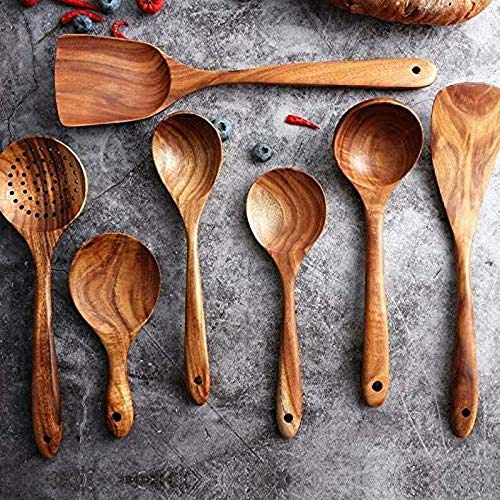 Wooden Utensils Cooking Spoons Utensil Set of 7-Soup spoons-Wooden spoons-Spoons and forks set-Coffee spoons-Asian soup spoon-Wooden spoons for eating-spoons-Soup spoon