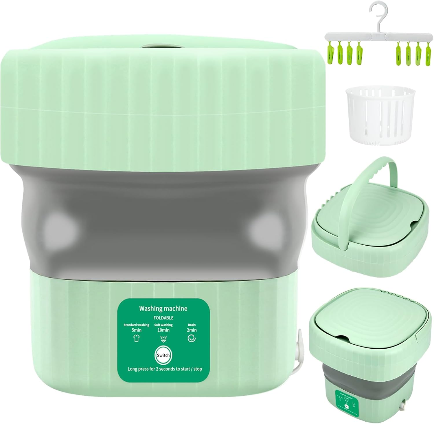 MINDORE Portable Washing Machine, 6.5L Large Capacity, 3 Modes of Deep Cleaning, Mini Washing Machine Suitable for Washing Baby Clothes, Underwear, Socks, Suitable for Apartment Camping Travel, Green
