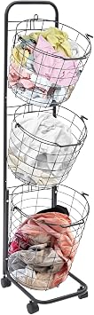 Laundry Hamper Basket Sorter-Metal, 3 Tier Laundry Sorter Cart W/Heavy Duty Lockable Rolling Wheels, Wash Clothes Storage Basket Organizer Shelf Space Saving For Bathrooms Bedrooms Black