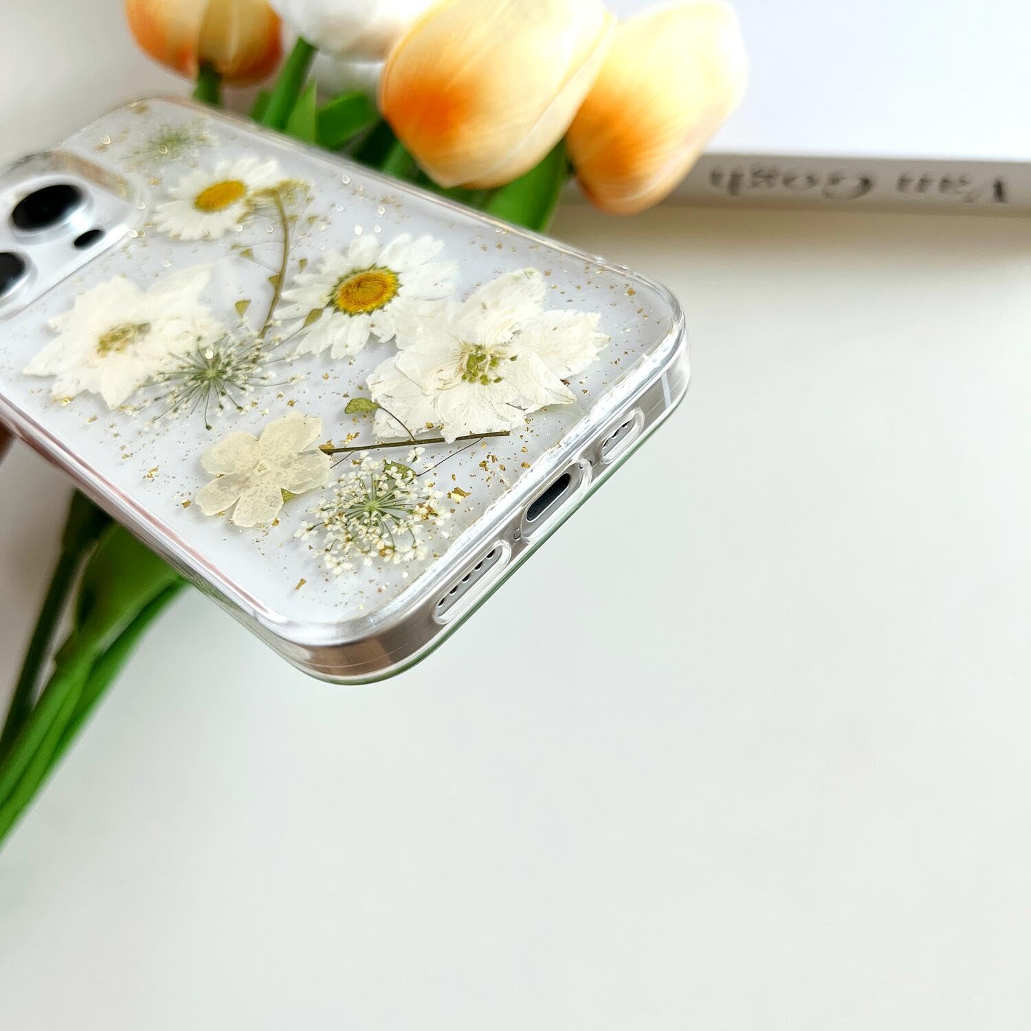 for iPhone 15 Pro Max Clear Case with Pressed Real Flowers Design,Glitter Cute White Floral Pattern Slim Soft TPU Protective Women Girl's Phone Cover for iPhone 15 Pro Max - Image 8