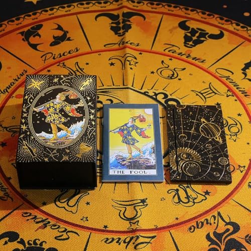 Image of AYME Blue Gold foil Tarot Cards with Guide Book,78 Cards Tarot Deck for Beginners and Professional Player with Box Tarot PVC Durable Waterproof Wrinkle Resistant (Style 17)