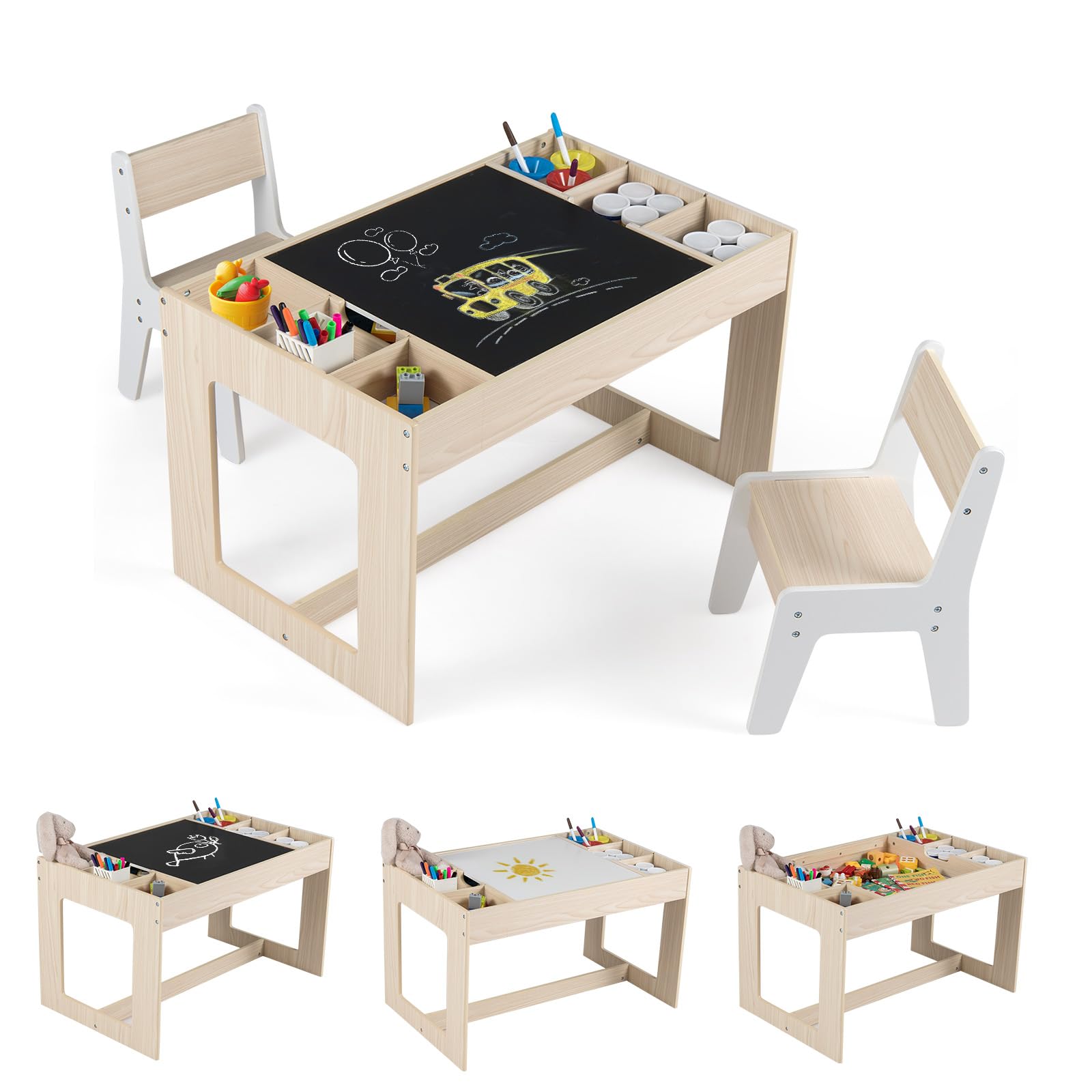 COSTWAY Set Tavolo Multifunzionale per Bambini e 2 Sedie, Tavolo e Sedie in Legno con Piano Doppio Rimovibile, Lavagna Nera & Lavagna Bianca, Compartimenti Laterali con Divisori Staccabili (Naturale)