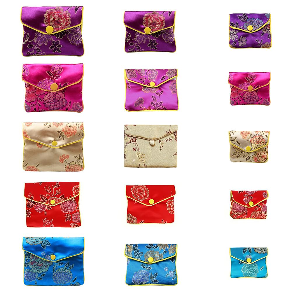 NBEADS 15 Pcs 3 Sizes Jewelry Silk Purse Gift Pouches, 5 Assorted Colors Embroidery Damask Cloth Pouches Chinese Silk Style Brocade Embroidered Bag for Jewelry (S: 2.5x3/ M: 3x4/ L: 4x5)