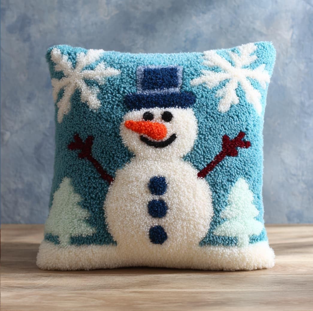 WallustrioaW Latch Hook Pillow Case Kits,Snowman 17X17 Inch Latch Hook Cushion Cover Kit,Knitting Kits Cushion for Adults Rug Making Kit for Starters