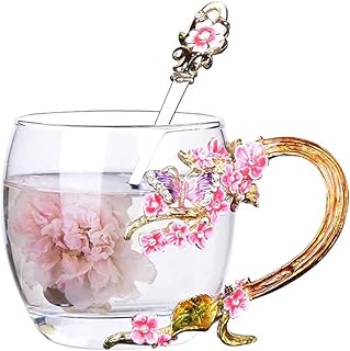YBK Tech Creative Flower Tasse à thé en verre de cristal pour boisson chaude, thé glacé – Papillon violet et fleur de prunier (sans boîte cadeau) (rose, petite taille (320 ml)
