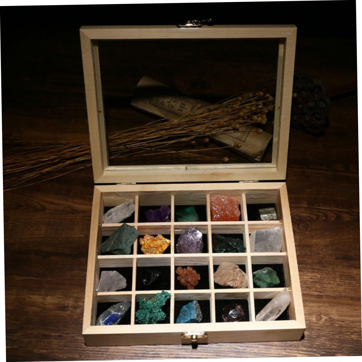 20 Stück Teiliges Mineralien Probenbox Natürliche Steinsamples für Lehrzwecke Sammlung für Enthusiasten Holzkiste für Aufbewahrung