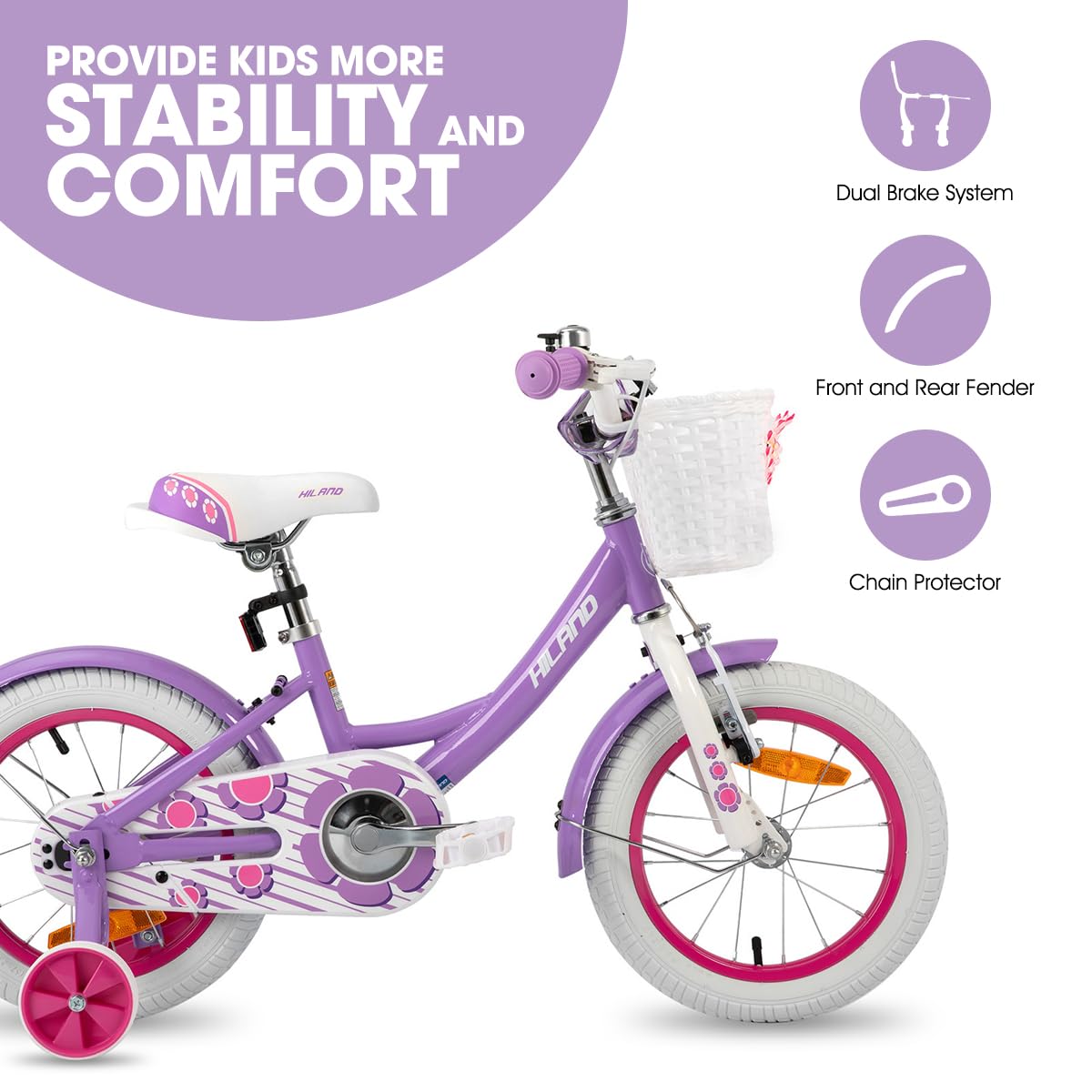 HH HILAND Girls Bike for Toddlers and Kids Age 2-4 Years Old, 12 Inch Kids Bike for Boy and Girl with Training Wheels Basket Bell Rear Rack Purple