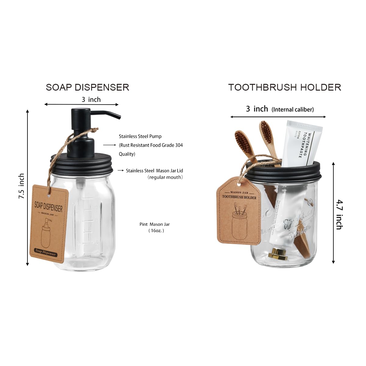 SheeChung Juego de accesorios de tarro Mason, juego de 2 accesorios de baño de vidrio, soporte para cepillo de dientes, dispensador de jabón de loción para decoración rústica de granja, decoración de