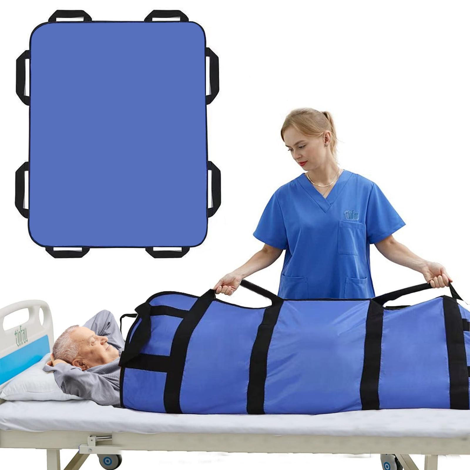 Planche de transfert pour élévateur de patients, 122 x 102 cm, avec 8 poignées, chiffon coulissant pour personnes alitées, avec poignée pour personnes en surpoids, personnes âgées et patients, bleu