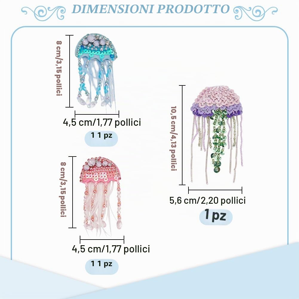 INFUNLY 3 toppe con perline a forma di medusa, con paillettes, per magliette, creature marine, con nappa, da cucire, fatte a mano, per vestiti, borse, jeans, giacche, abiti