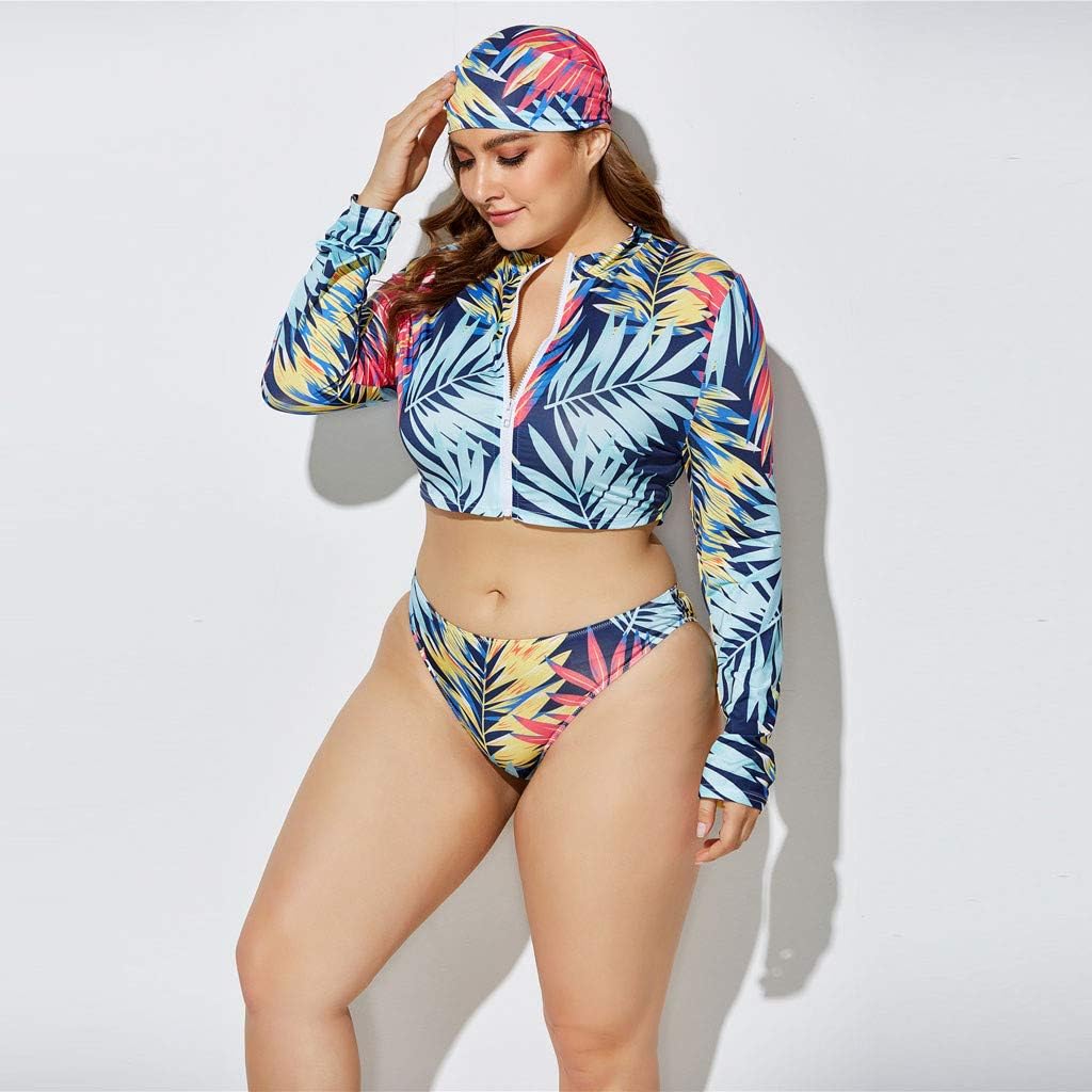 3 Piece Swimsuit for Women Plus Size 2020 Summer High Waist Print Split Long Sleeve Beach Bathing Suit Clearance Best Beachwear Under 10 Dollar Gift for Mother Girlfriend Wife Beach Blue