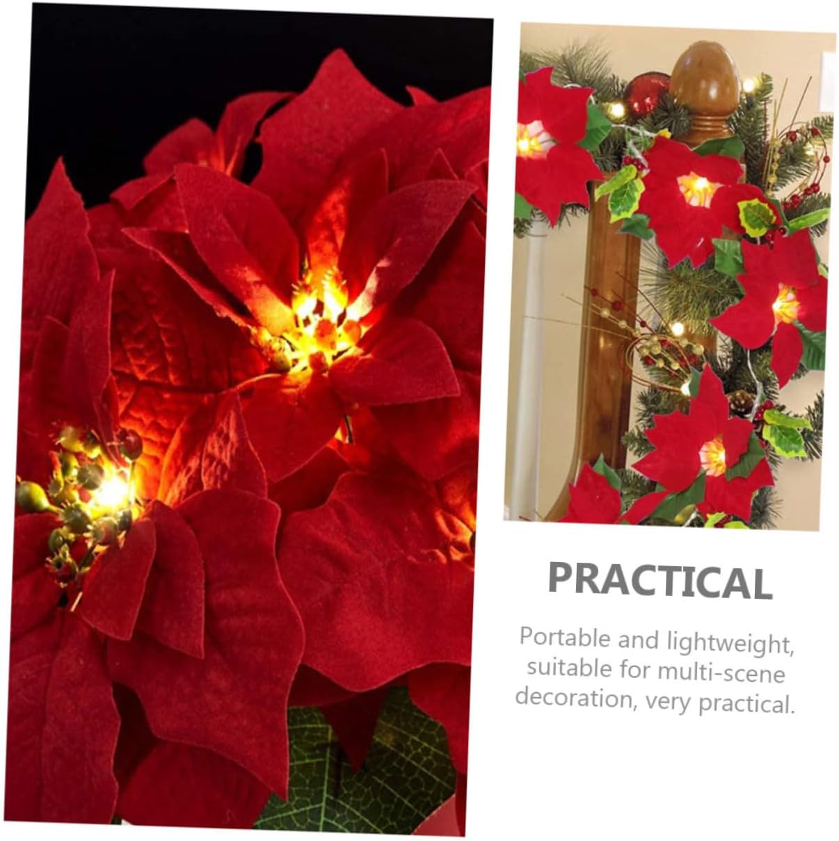 USB Powered Red Poinsettia Flower Light String with PVC Material, Fine Workmanship, for Celebration and Multi-Scene Decoration, Party Decor Light to Add Festive Atmosphere