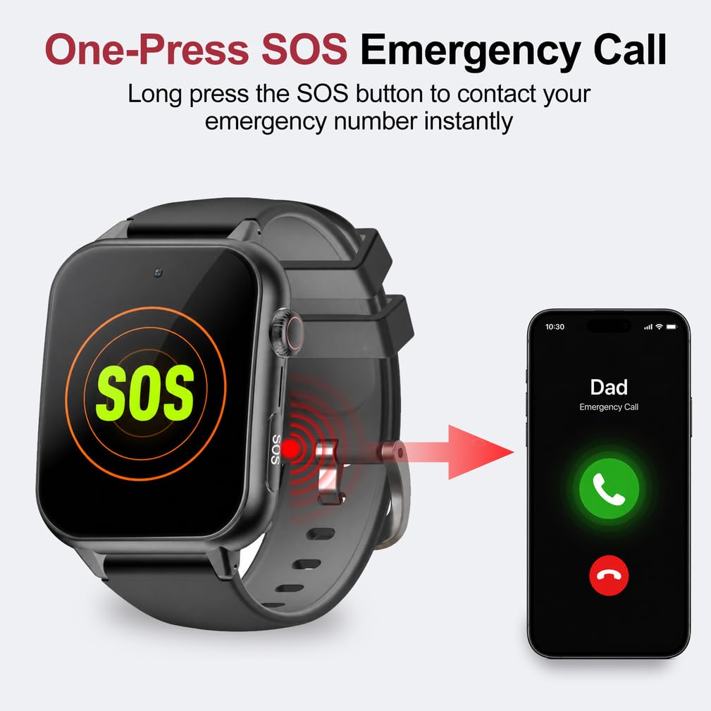 4G Senioren Smartwatch mit SOS GPS Sturzerkennung Videoanruf | Großes Farbdisplay, Zwei-Wege-Kommunikation, Sicherheitszone, Sprachansage, Komfortarmband
