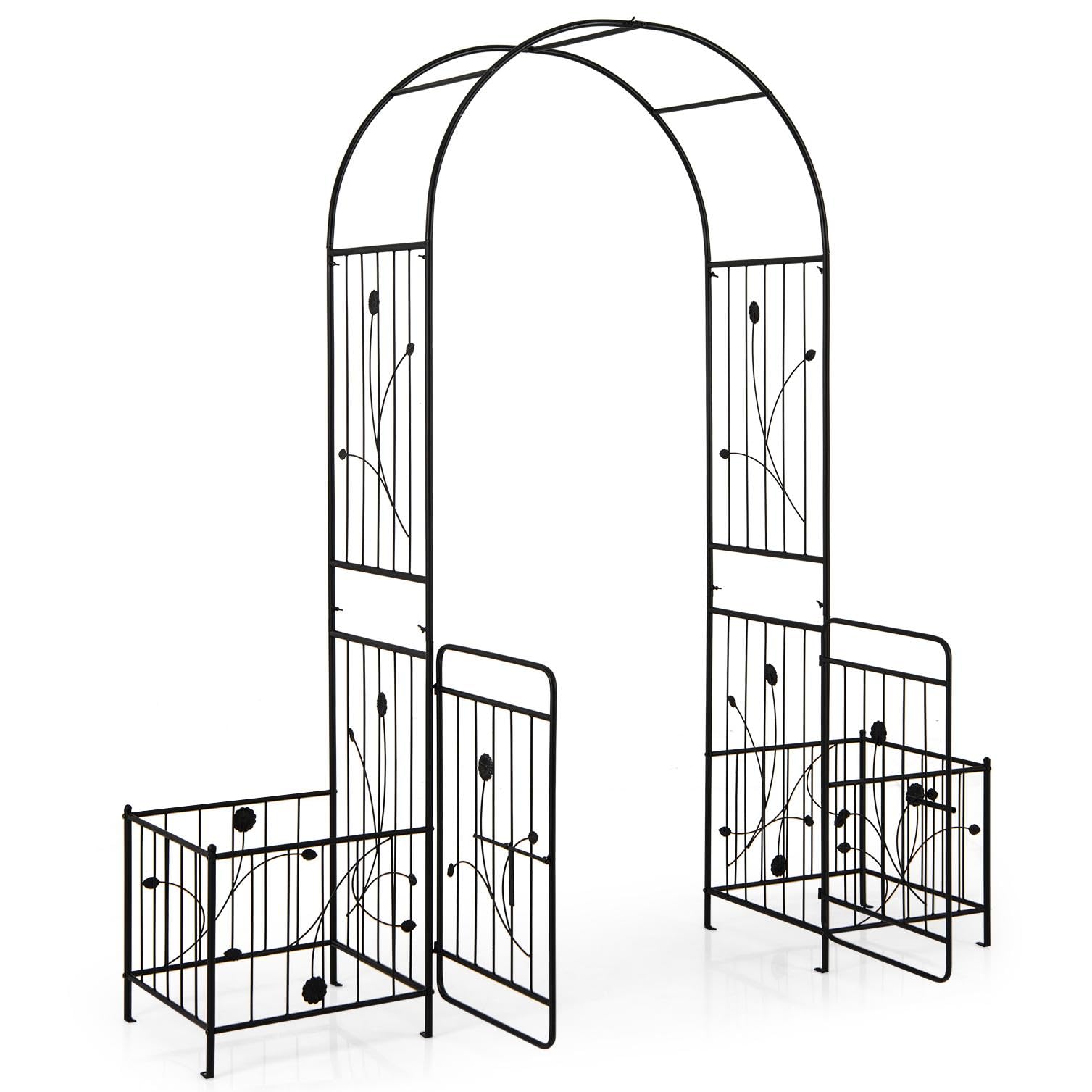 GiantexUK Garden Arch, 2.2M Metal Pergola Trellis Arbour, Rose Vine Climbing Plants Trellis Support Archway for Lawn Patio Wedding Ceremony Party Decoration (with Gate & Planter, 198x50x220 cm)