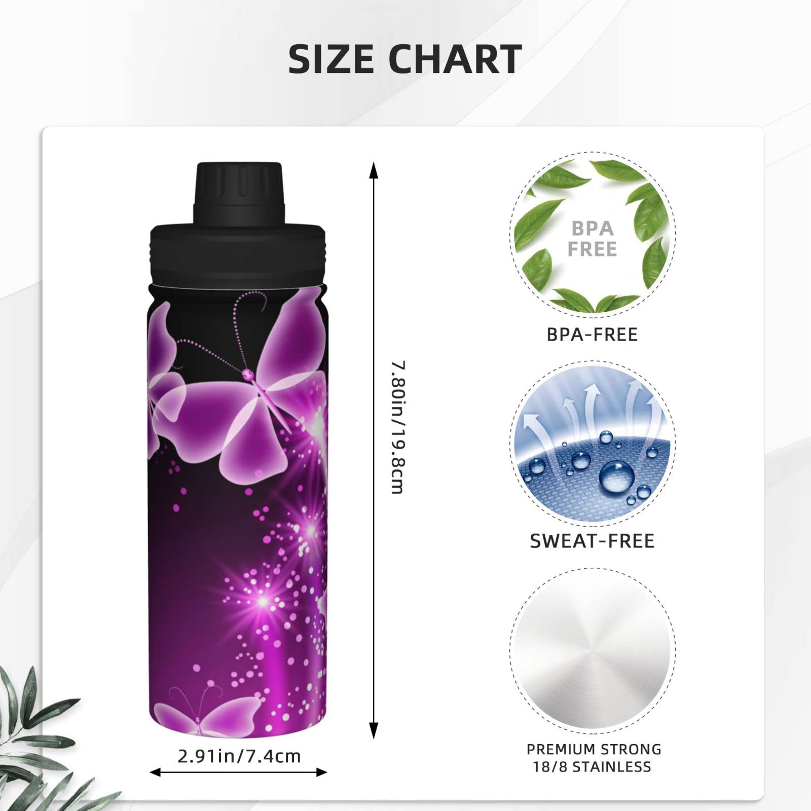 Sport-Trinkflasche mit Schmetterling-Motiv, isoliert, Edelstahl, auslaufsicher, für Reisen, Fitnessstudio, Büro