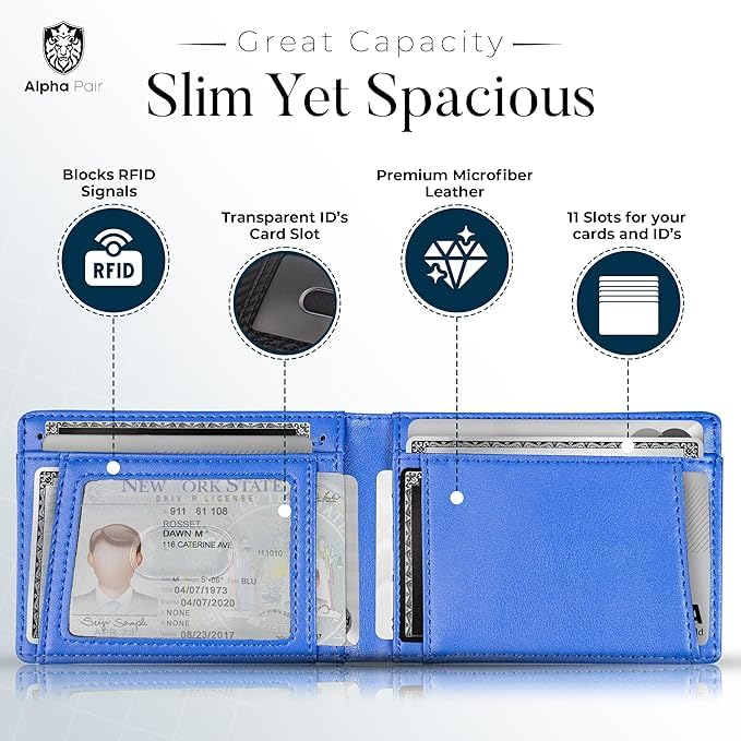 Image of ALPHA PAIR RFID Wallet for Men - Slim Wallet for Men - Men's Wallet with 10 Credit Card Holders and 1 ID Window - Men's Wallet with RFID Blocking Technology - Bifold Leather Wallet - Blue