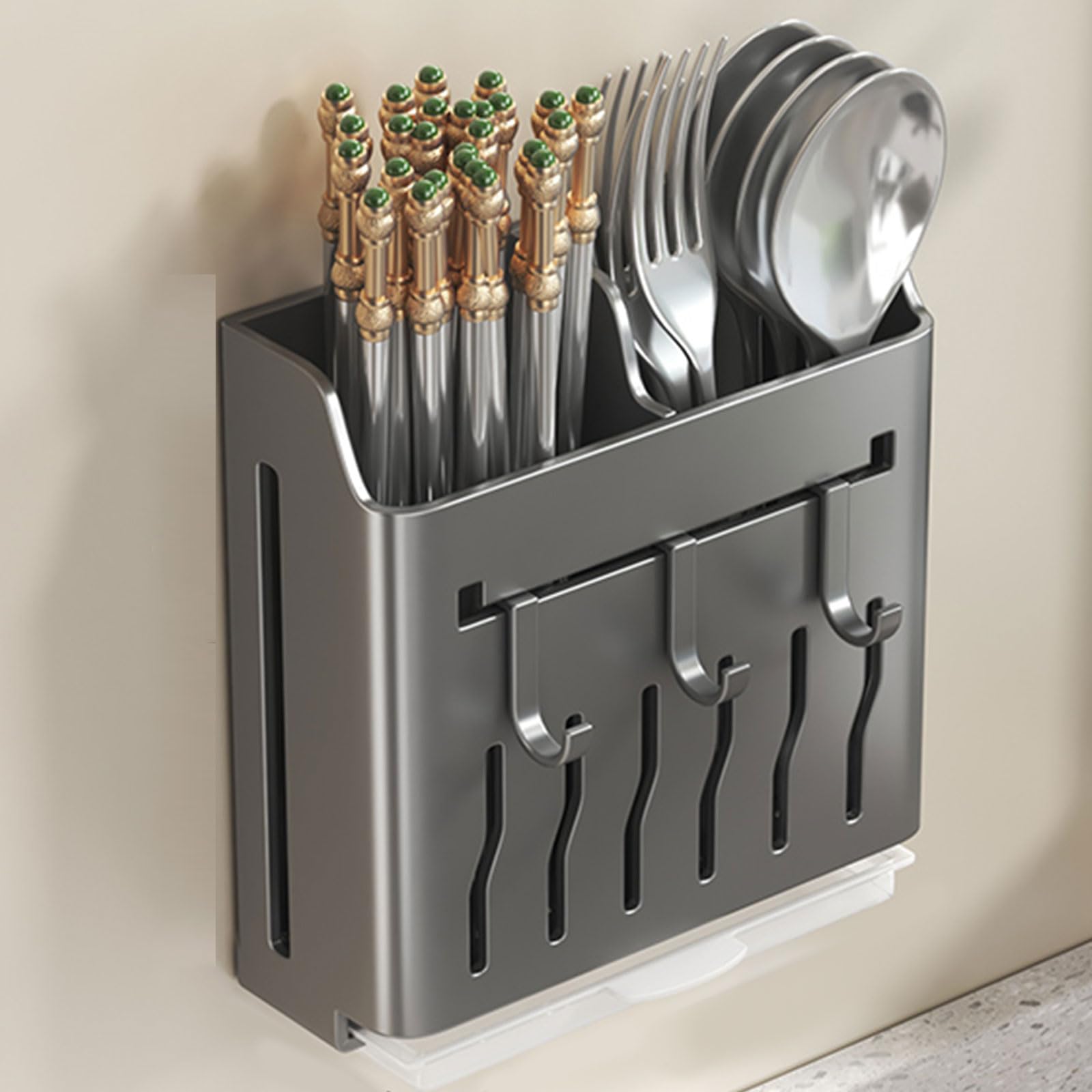 Dxcaicc Black Wall Mount Utensil Holder,Hanging Storage Organizer With Hooks,Knives Chopsticks Holder,Cutlery Silverware Holder Storage Caddy,For Forks,Spoons,Towel,,A
