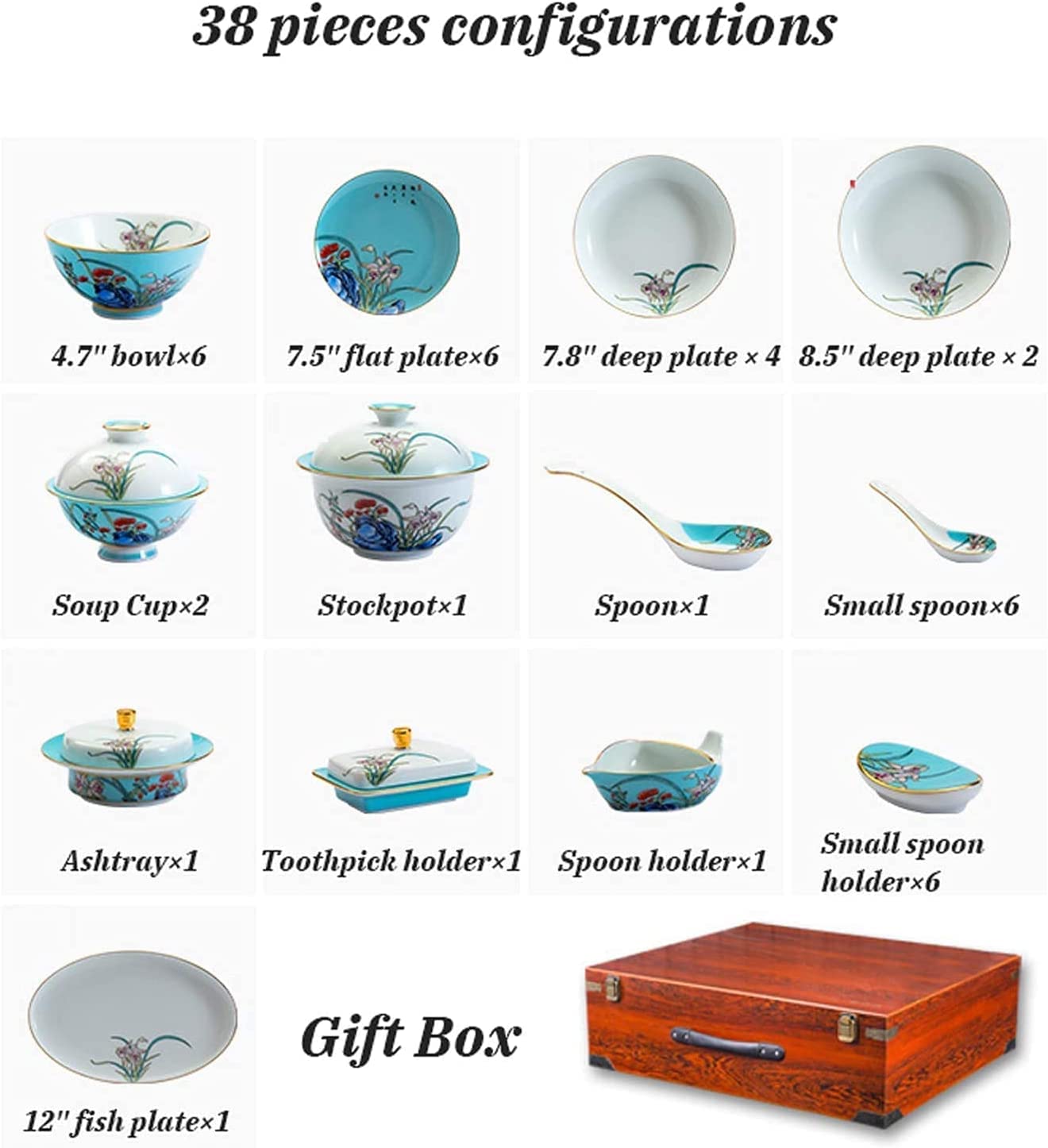 38-częściowy zestaw zastawy stołowej, luksusowy, rodzinny zestaw zastawy stołowej, wytłaczany, ręcznie wykonany zestaw naczyń z porcelany kostnej w kolorze złotym, talerze do steków i miska na