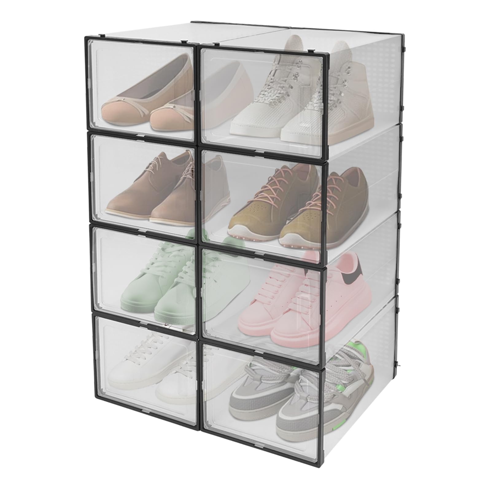 Set di 8 scatole per scarpe, impilabili, trasparenti, in plastica con finestra e manico, organizer per scarpe, antipolvere, per sneaker, 37 x 26 x 20 cm