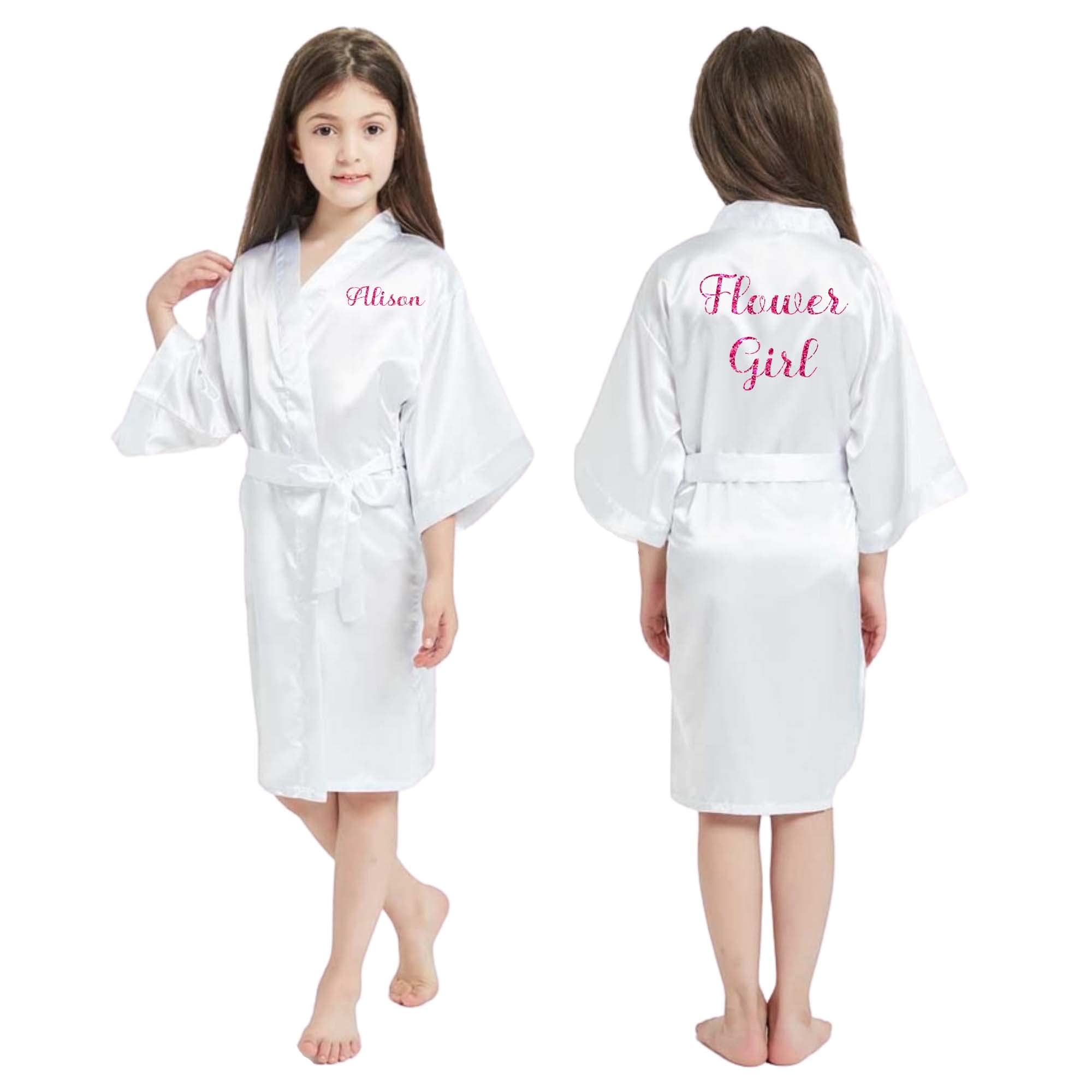 Cute Satin Personalized Robes for Girls in Sizes 3T – 14, Flower Girl Robe, Pretty Girl Robes, Personalized Robes for Toddlers thru Age 13, Girls, White, 8/10