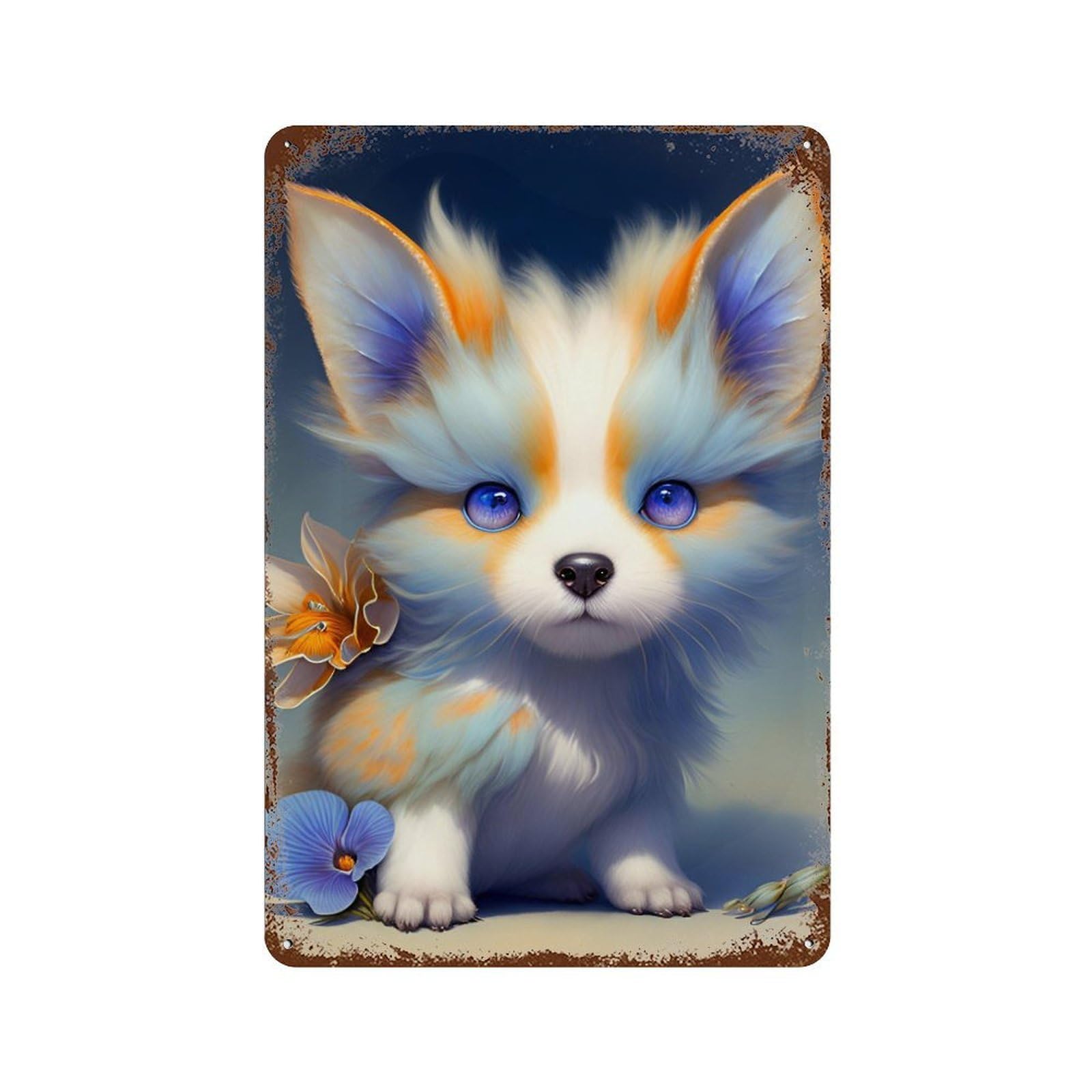 Fantasy Fox with Flowers Rust Effect Tin Sign 11.8"x7.9", Decorative Metal Wall Art for Living Room, Hallway And Home Decor