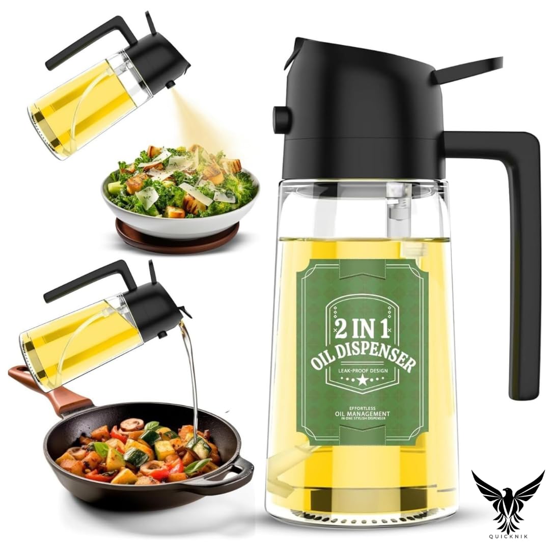 Quicknik 500ml 2 in 1 Glass Oil Sprayer for Cooking, Oil Dispenser Bottle Spray Mister, Oil Bottle with Premium Nozzle, Oil Spritzer, Oil Sprayer for Air Fryer, Salad, BBQ, Roasting, Grilling, Frying
