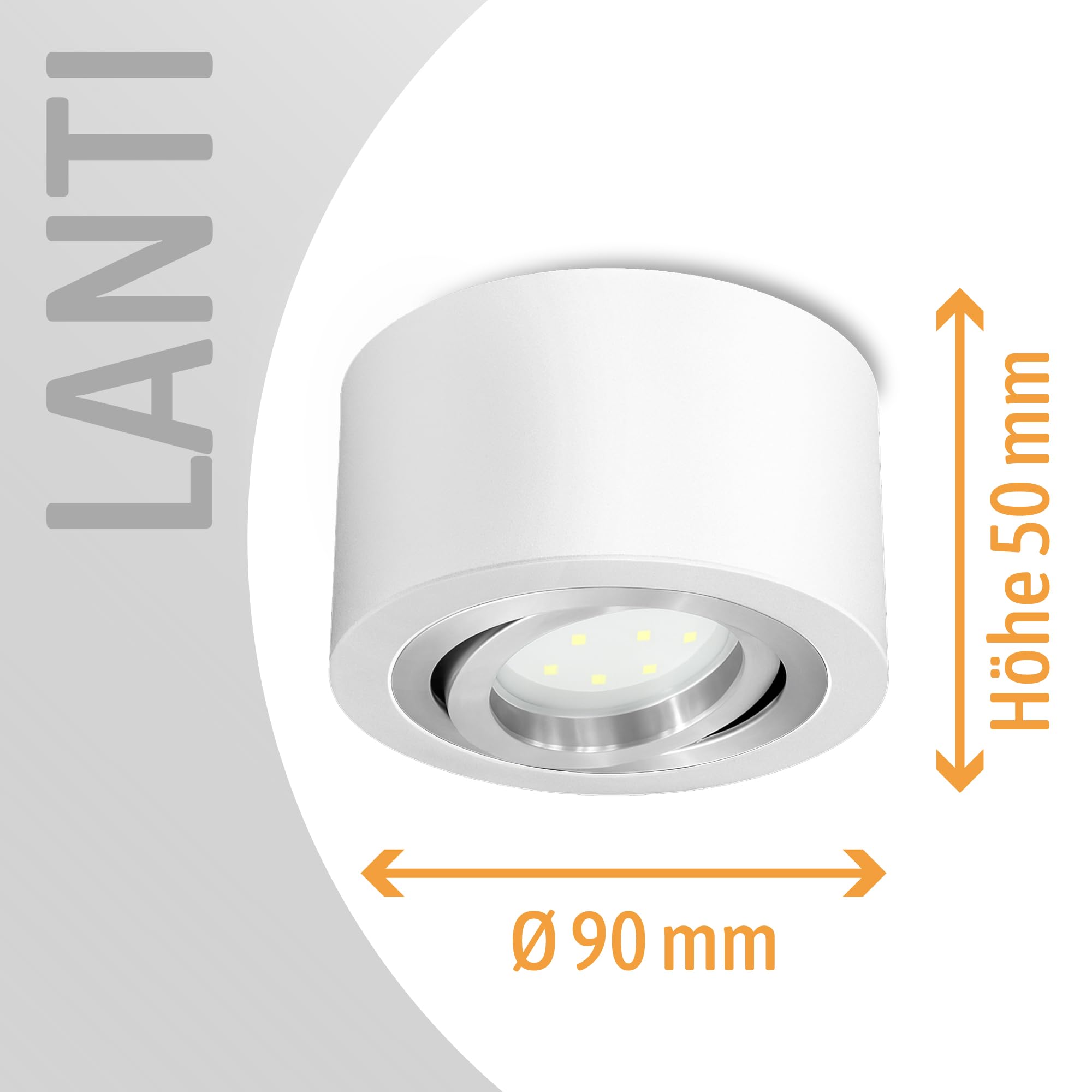 SSC-LUXon 4 x LANTI Aufbauspot weiß rund silber Innenring – schwenkbarer Strahler mit LED 4W neutralweiß 230V – Spot für Wohnzimmer & Küche
