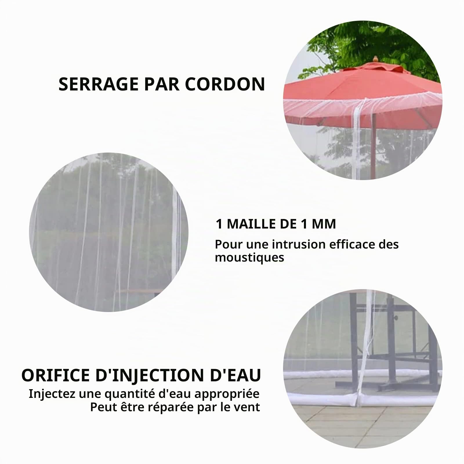Moustiquaire pour parasols - Avec porte zippée - Pour parasols de 250 à 300 cm - Pour parasol de jardin déporté - Blanc