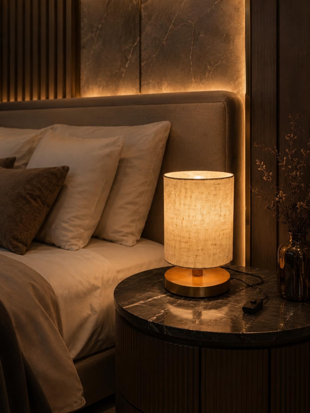 Bedside Table Lamp with Linen Shade and Wooden Base | Warm Ambient Glow, Nightstand Decor, Cylinder Shade, Compact Design, Bedroom Lighting-image-46
