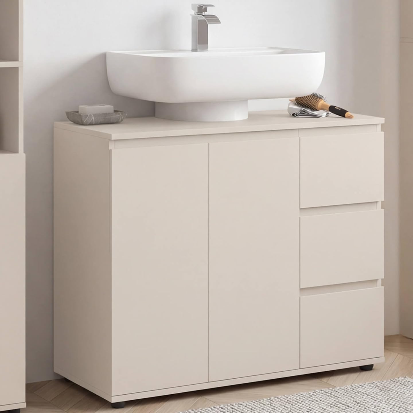IDMarket TOMI - Mueble bajo lavabo con armario y 3 cajones, color beige