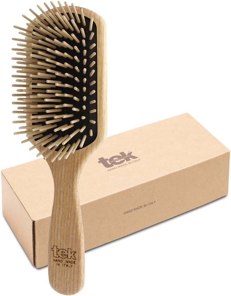 TEK- Rectangular Brush with Long Tooth in Ash Wood Handmade in Italy, for Long, Thick and Straight Hair - 22 x 6.5 cm