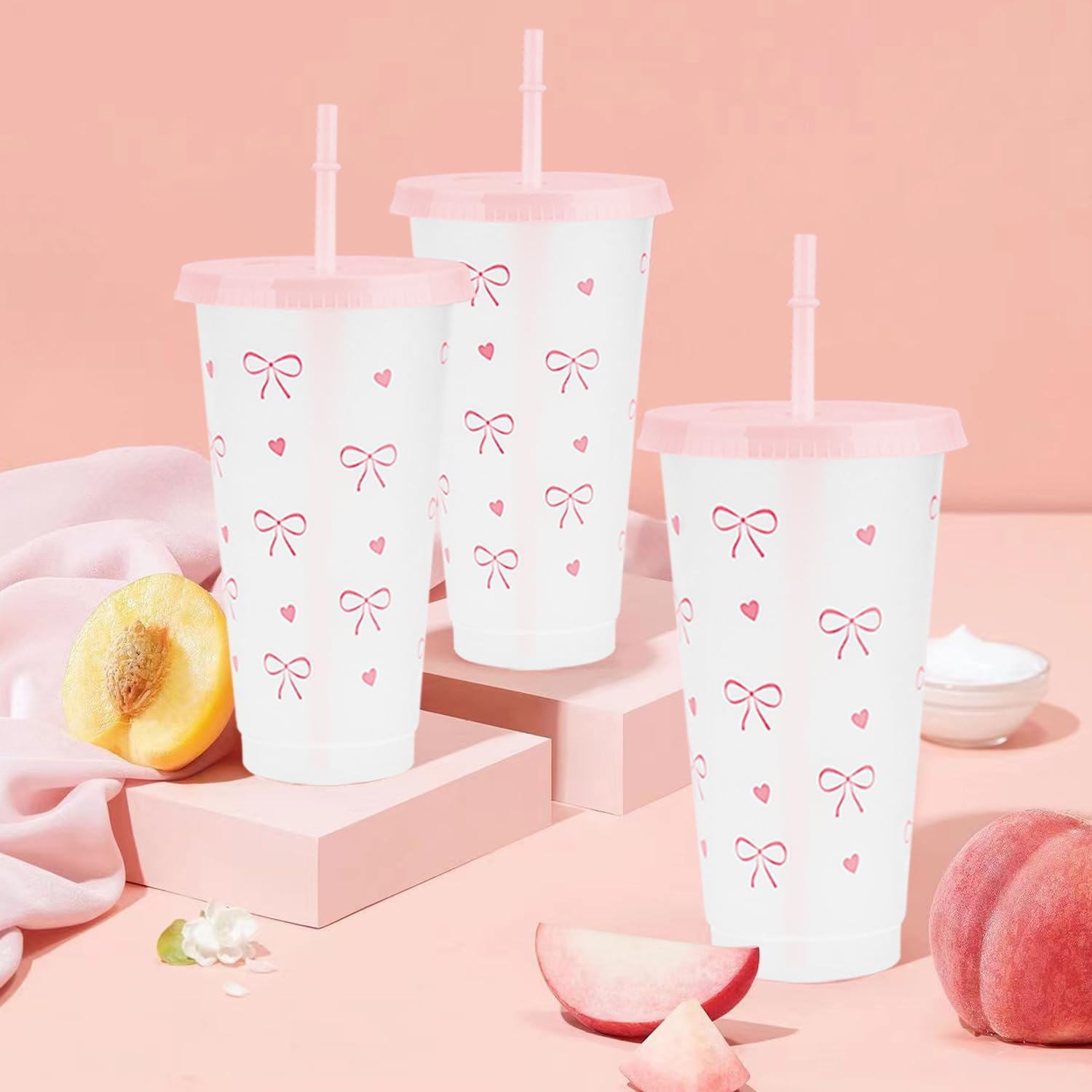 12Pcs 24 oz Pink Bow Plastic Cups with Straw and Lid, Reusable Coquette Bow Tie Cold Cups for Wedding Baby Shower Birthday Party Decor - Image 4