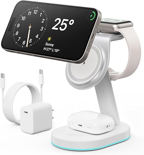 Estación de carga inalámbrica 3 en 1 para iPhone, soporte de carga magnético de 15 W con certificación Qi2 para Mag-Safe con adaptador USB C de 30 W