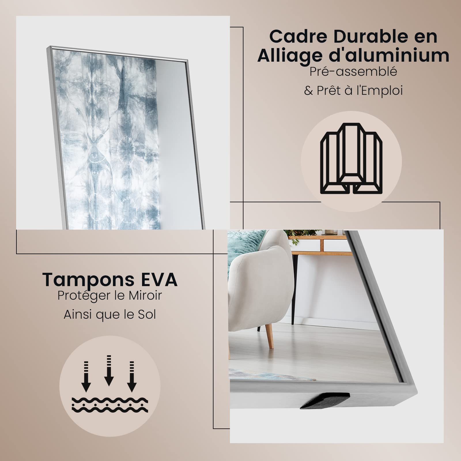 COSTWAY Miroir Pleine Longueur, 160 x 40 CM, Miroir Rectangulaire avec Verre Incassable et Cadre en Alliage d'Aluminium, Miroir Mural ou sur Pied pour Chambre, Salon, Entrée, Or/Argent/Noir (Argent)