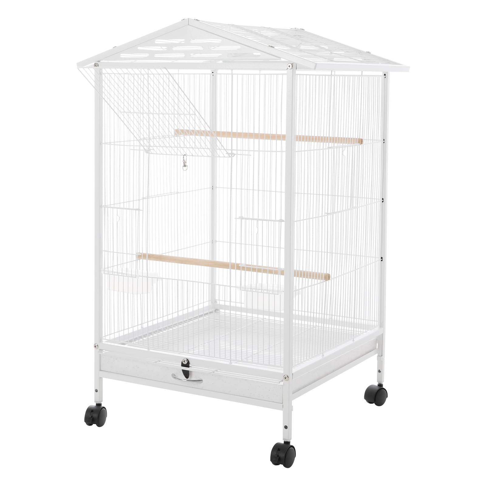 Jaula de metal para pájaros, color blanco, 46 x 46 x 86 cm, con 4 ruedas universales (2 con frenos), techo abierto, bandeja extensible, 3 perchas y comedero/bebedero