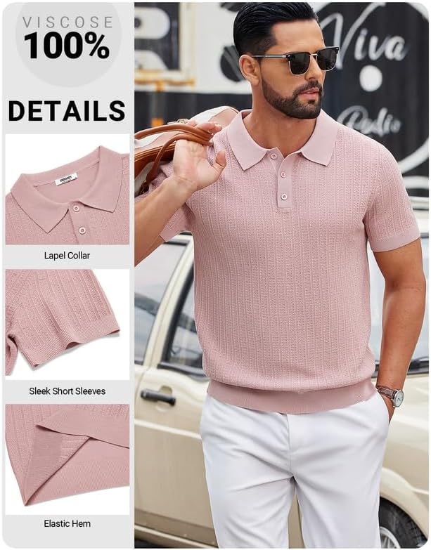 COOFANDY Mens Knit Polo Shirts Short Sleeve Slim Fit Textured Golf Polo Shirt Casual Summer Vacation T-Shirts - Image 5