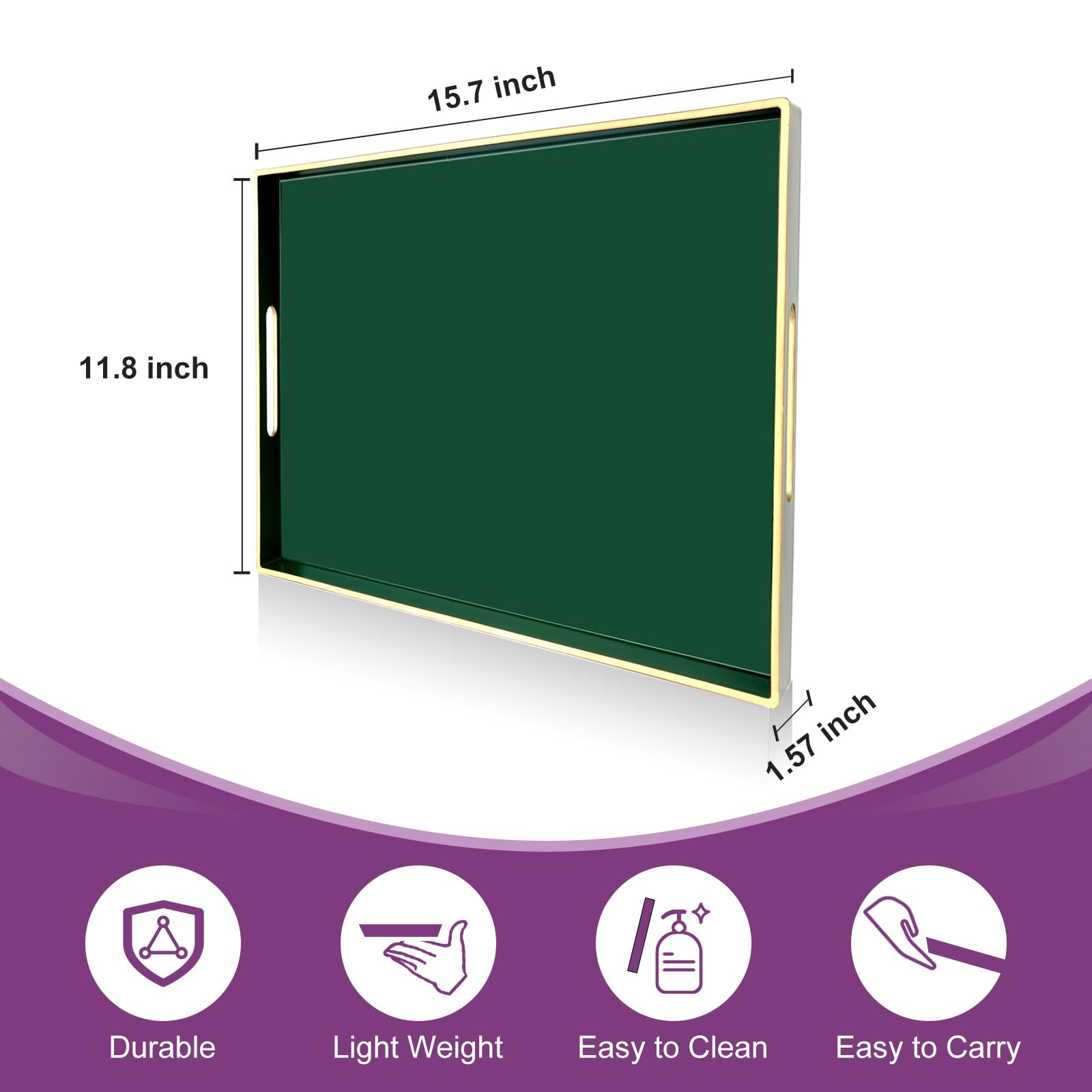 Gifturbo Bandeja de servir verde con asas, bandeja rectangular de plástico elegante decorativa para mesa de café otomana, sala de estar, baño, decoración del hogar, bandeja de tocador con ribete