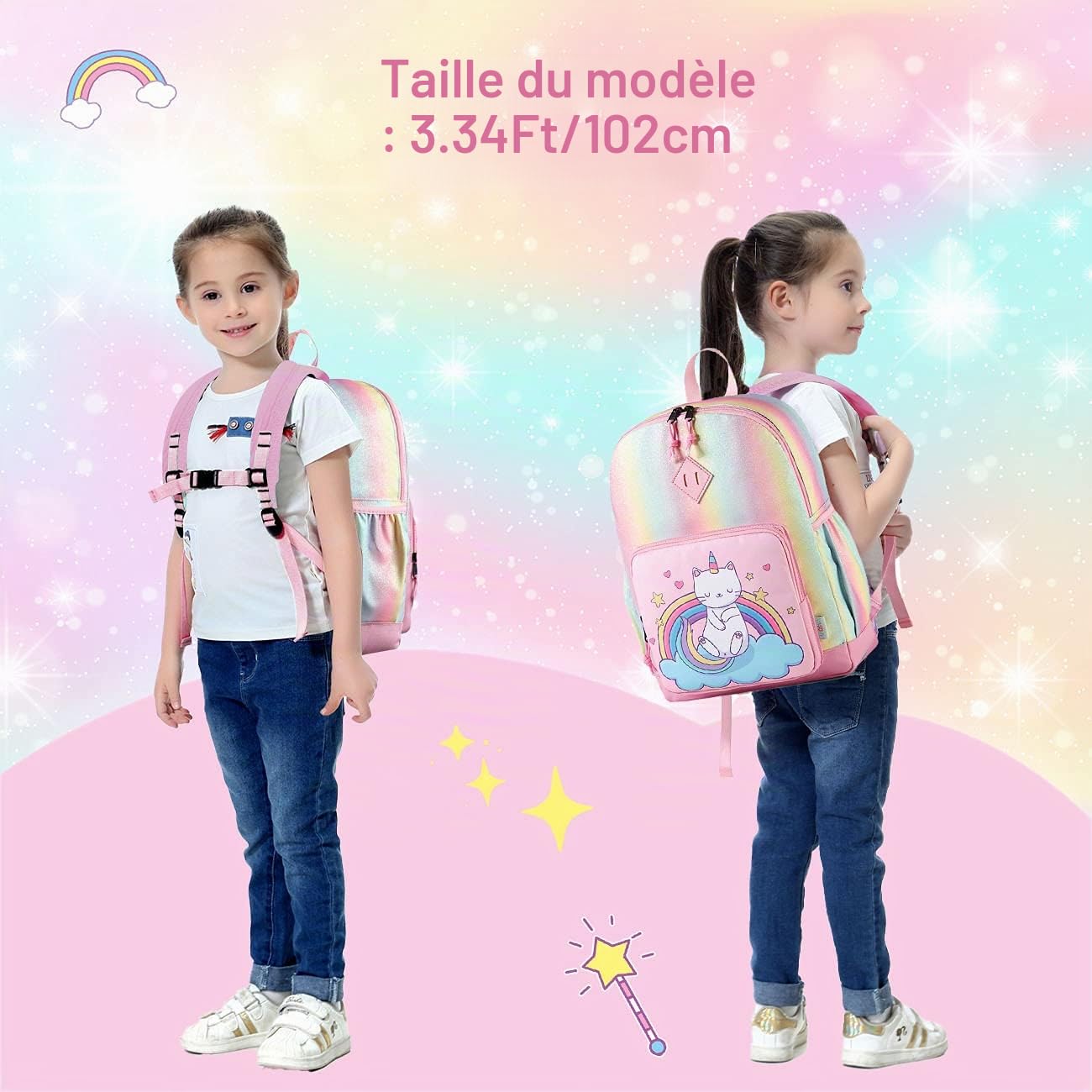 Sac à Dos Enfant, VASCHY Cartable Filles Primaire 4-6 Ans Léger Brillant Imperméable Sac a Dos Licorne Mignon pour A4 Dossier Maternelle École avec Sangle de Poitrine