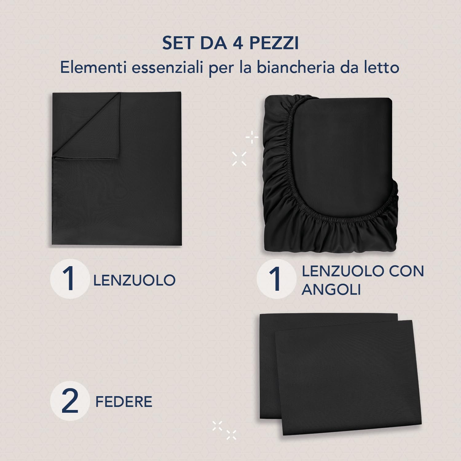 Dreamzie Lenzuola Una Piazza e Mezza 135x190 cm - Completo Lenzuola 4 Pezzi in Microfibre - Lenzuolo con Angoli - Lenzuola Sopra - 2 Federa 50x80 - Lenzuola Una Piazza e Mezza 135x190cm Nero