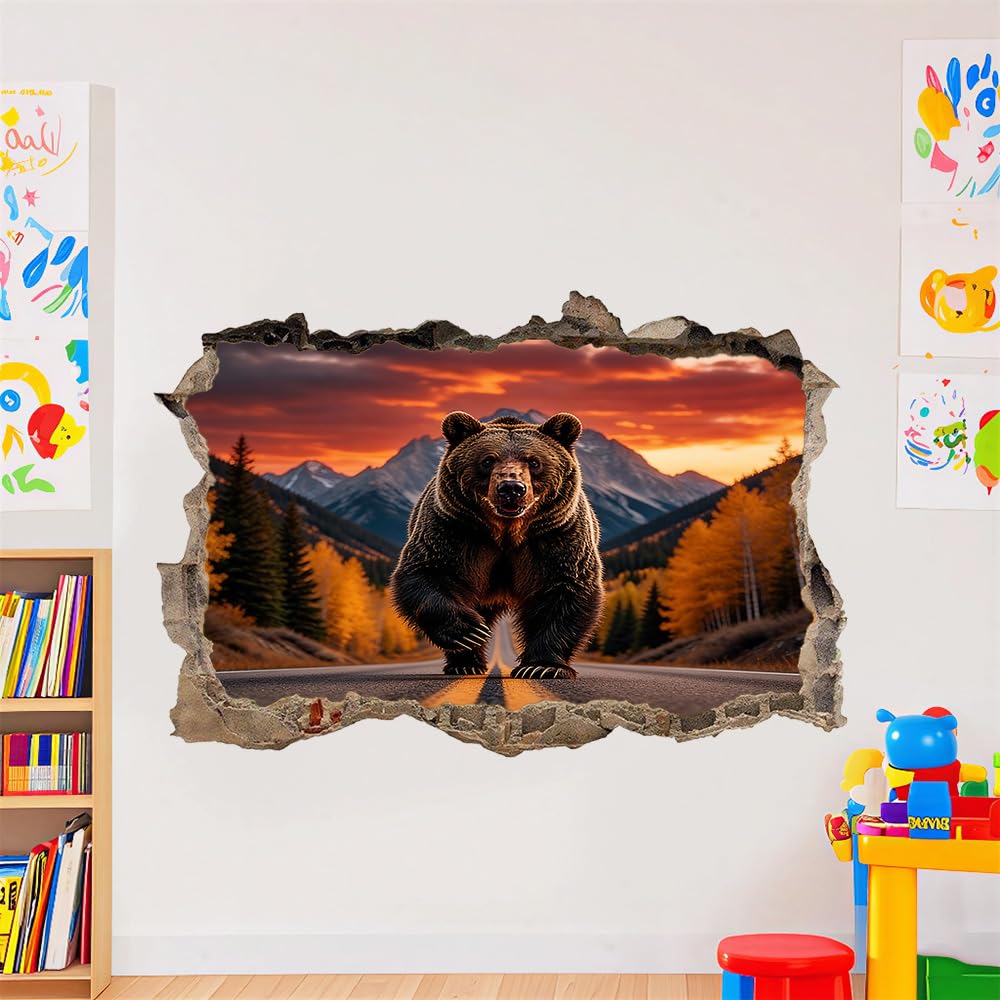 3D Durchbruch Wandtattoo Mädchen Kinderzimmer Bären Wandaufkleber Dekorative Berglandschaft Wandsticker für Junge Teenager Zimmer Wohnzimmer Schlafzimmer Wandbilder Deko