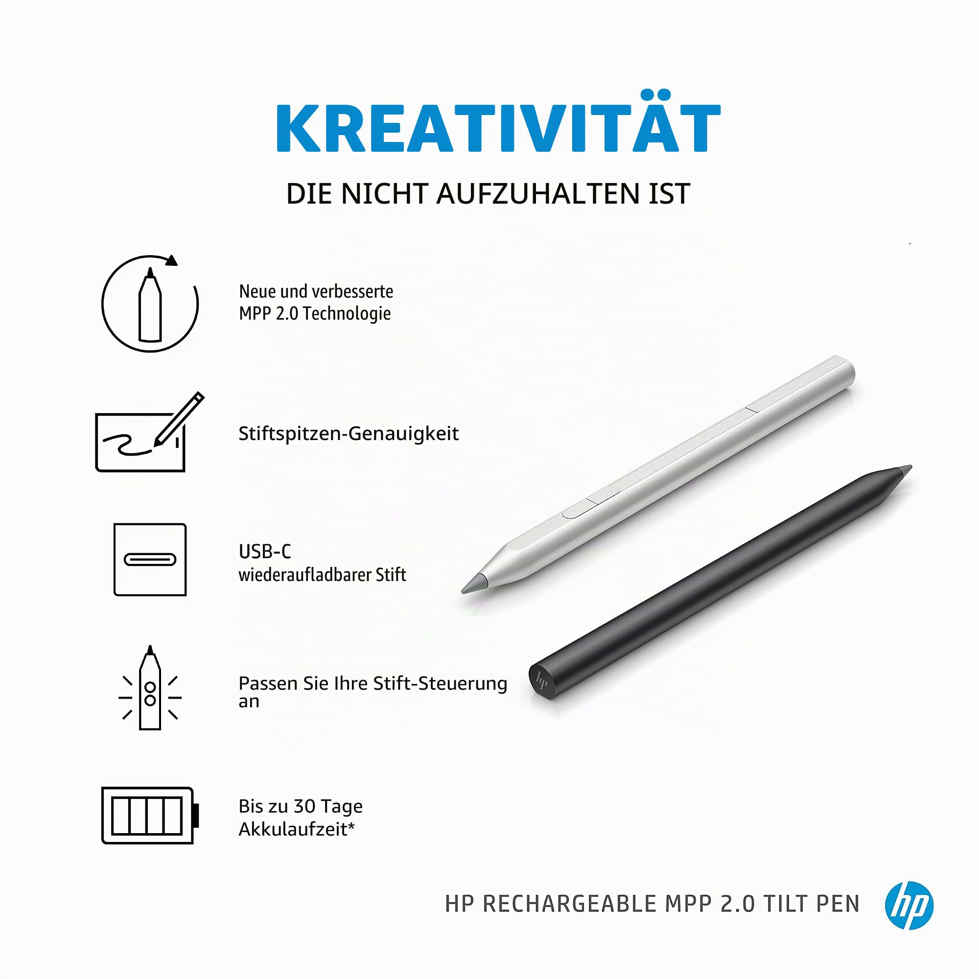 HP MPP 2.0 Stift, wiederaufladbar, neigbar, für Touchscreen-Geräte • Personalisierbares und kompaktes Design mit Magnetkörper • 1 Jahr eingeschränkte Garantie • Schwarz (3J122AA)