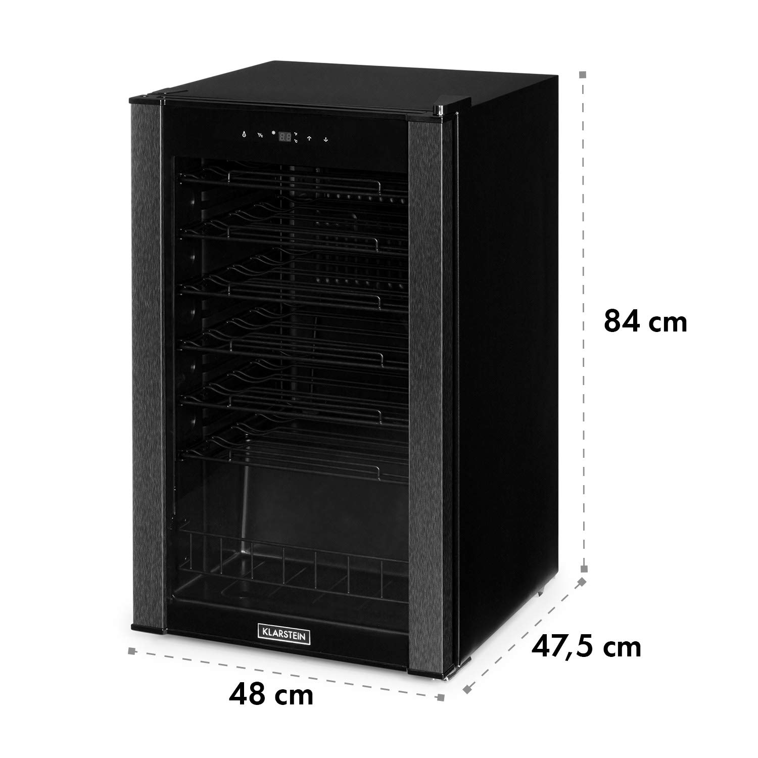 Klarstein Vinomatica - Cave à vin, Compacte, Capacité de 95L, 36 bouteilles, Porte panoramique, Cadre en acier inoxydable noir, Eclairage intérieur, 6 tablettes amovibles, Réglable de 4 à 18°C, Noir