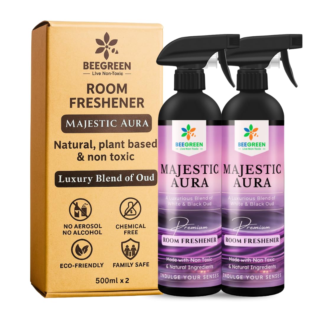 BeeGreen Majestic Aura Room Freshener – 500ml (Pack of 2), Premium fragrance, Blend of White & Black Oud, Non Toxic, Plant based ingredients, Aerosol-Alcohol-Free, Kid-Safe Long-Lasting Fragrance