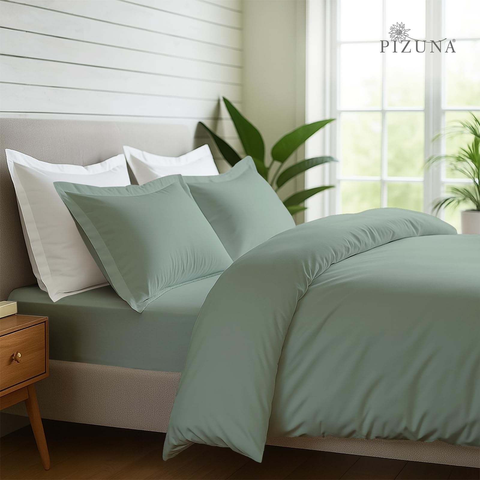 Pizuna Pure Combed Cotton Superking Bedding Set, 600 Thread Count 100% Long Staple Cotton, Soft Sateen Duvet Cover with 2 Pillow Cases & 40 cm Deep Fitted Sheet - Seafoam Sage, Superking — image 1